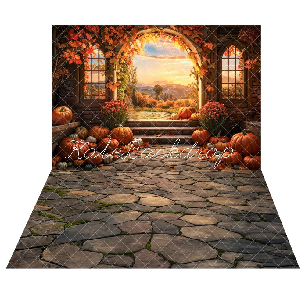 Kate Fall Sunset Outdoor Forest Pumpkin Arch Backdrop+ Brown Stone Pat