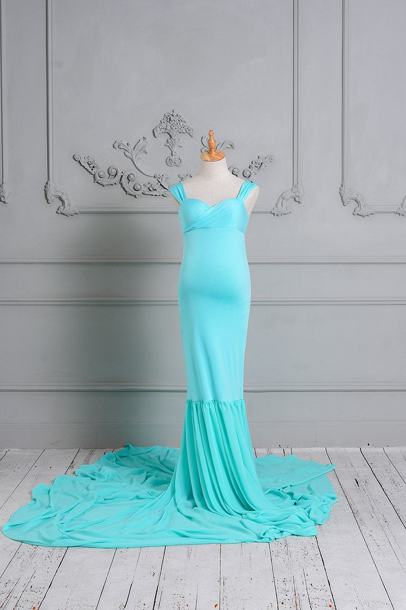 Custom Teal Satin authentic Gown — Maternity Gown, Photoshoot Gown