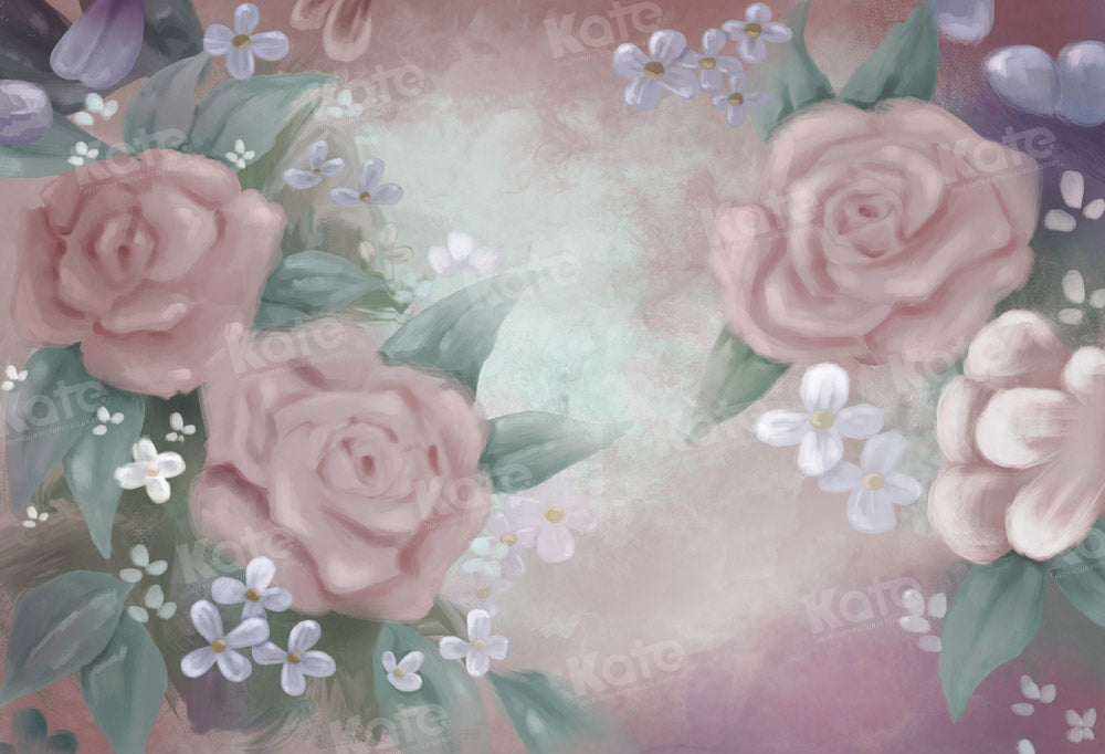 Vintage Grey and Pink Rose Floral Wallpaper 