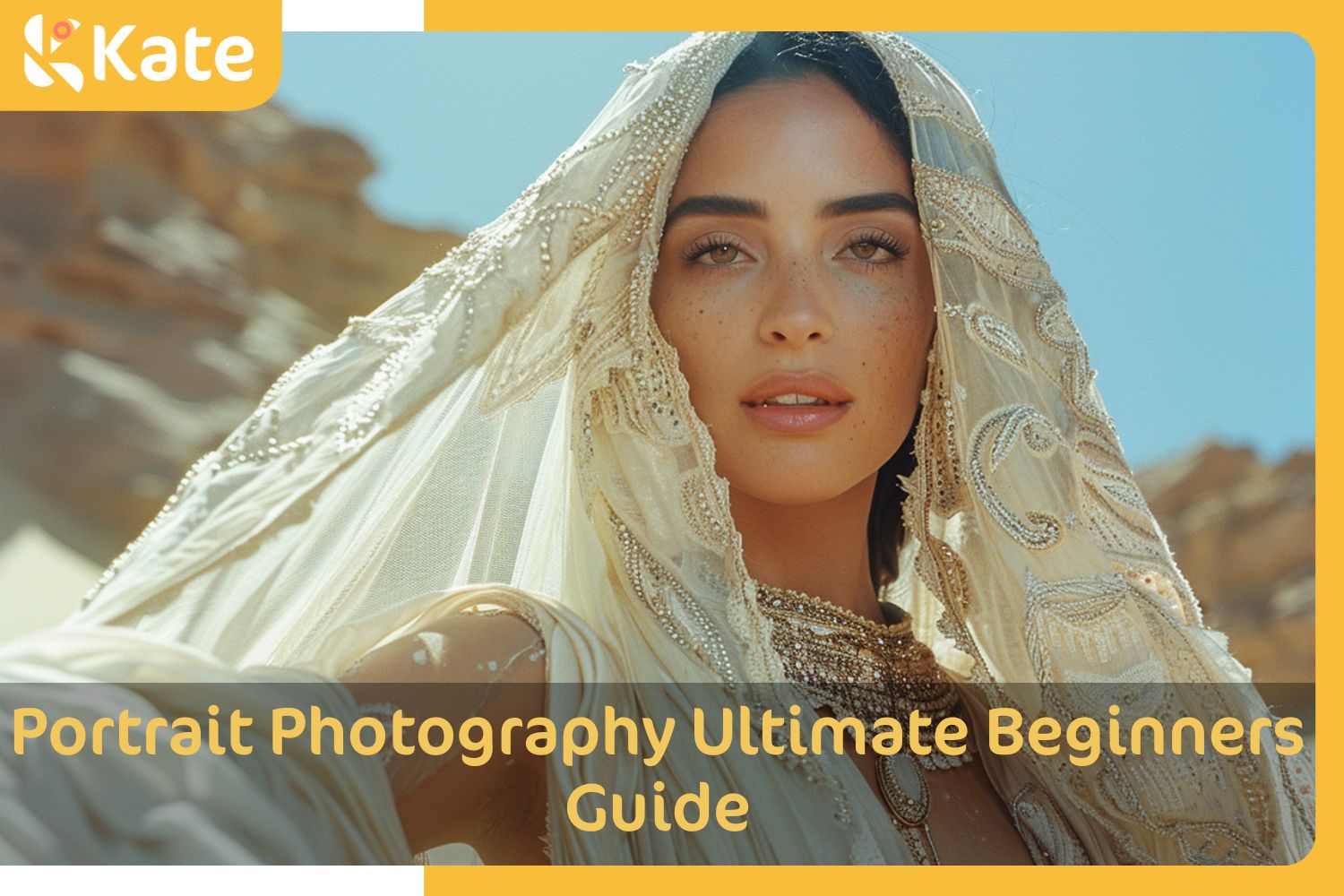 A woman wears white veil in a desert and looks towards the camera