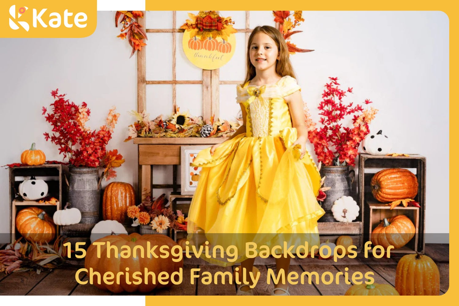 A girl stands in front of the Thanksgiving fall leaves backdrop.