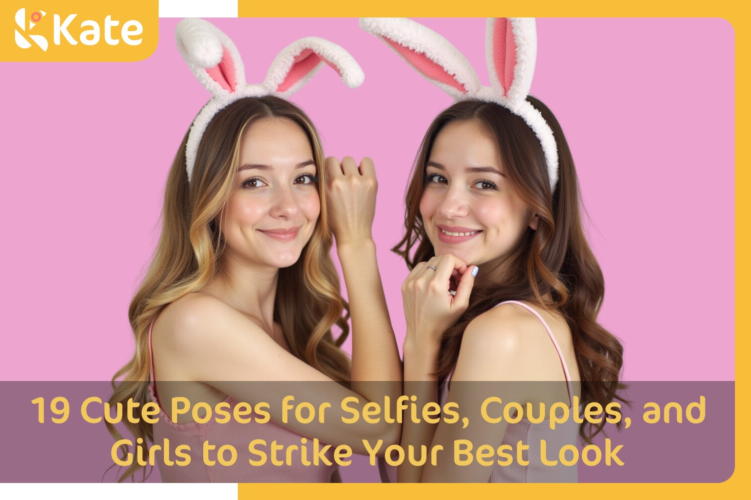 Two girls in pink dresses and bunny ears while posing.