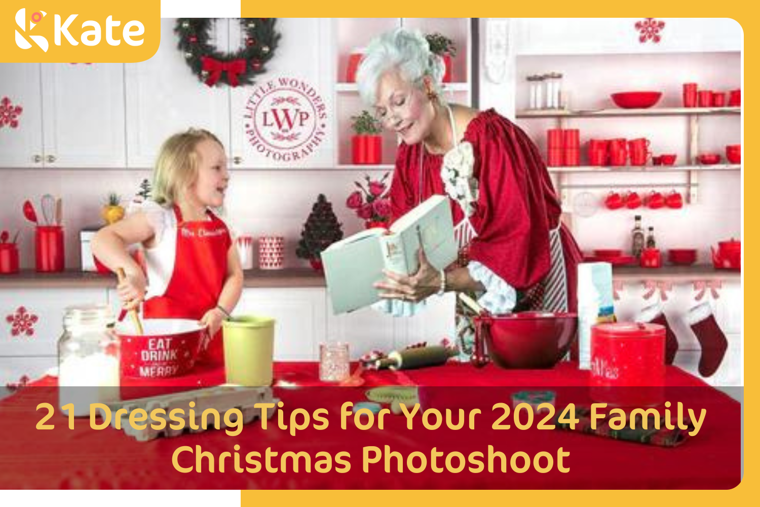 Christmas photo of grandma and grandchild with Kate White Christmas Kitchen Backdrop for Photography