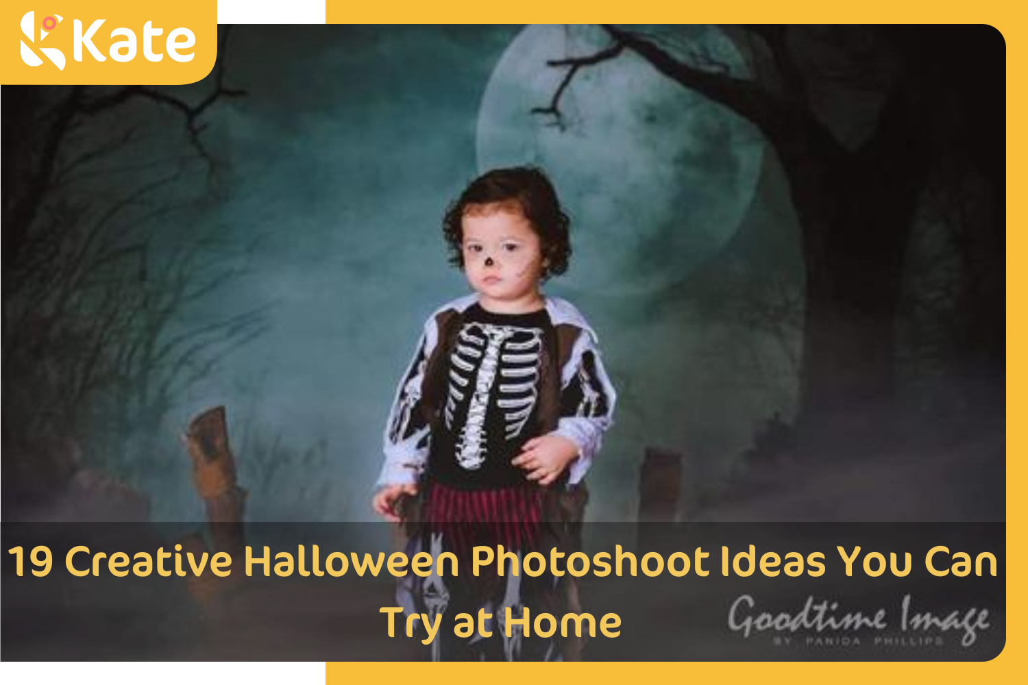 Halloween photo of a costumed boy with Kate Photography Fantastic Halloween Backdrops Forest Night Moon