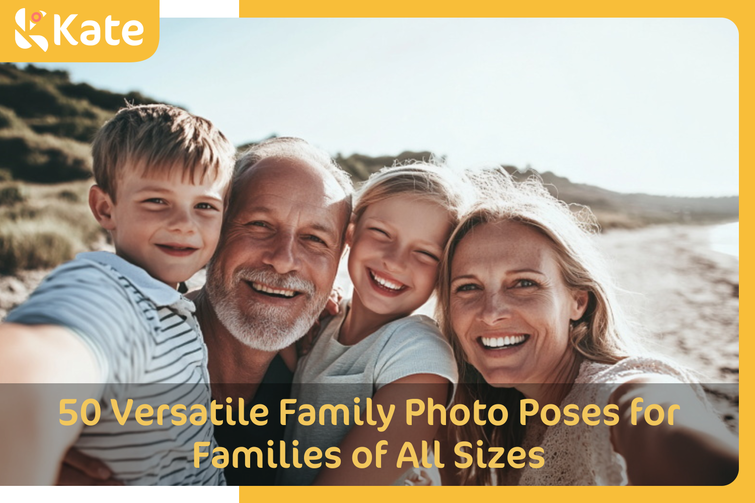 A family of four taking selfies in front of the camera by the seaside