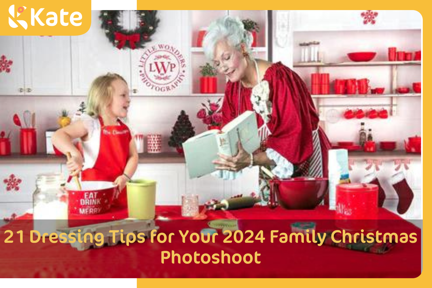 Christmas photo of grandma and grandchild with Kate White Christmas Kitchen Backdrop for Photography