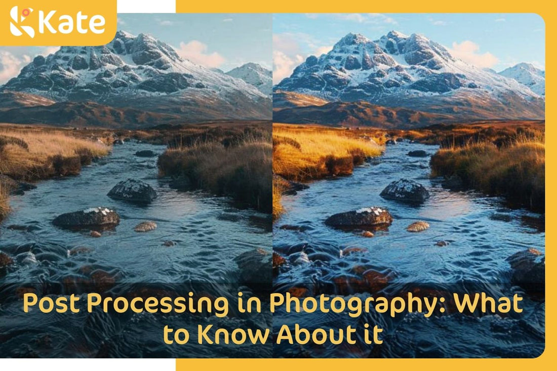 Before and after photo post-processing of the creek in front of the snowy mountains