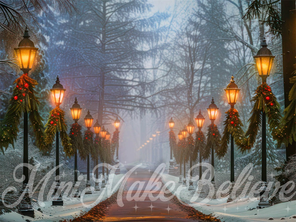 Kerst Nacht Lamp Post Bos Pad Foto Achtergrond Designed by Mini MakeBelieve