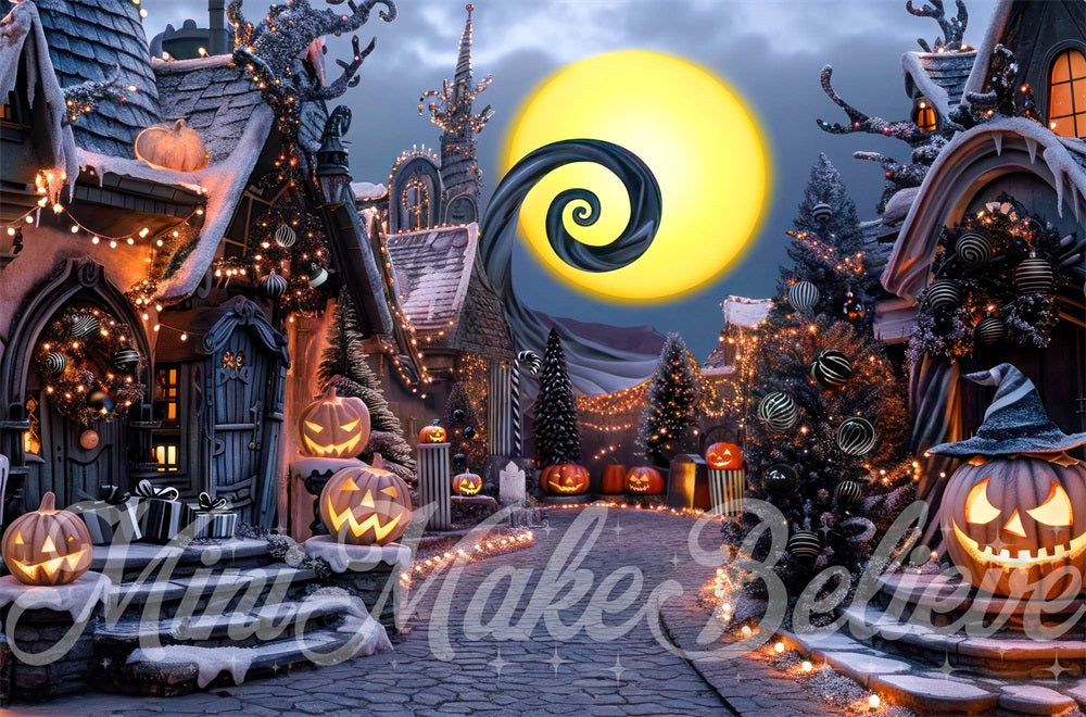 Fondo de Calle Oscura de la Ciudad de Halloween de Calabaza Diseñado por Mini MakeBelieve