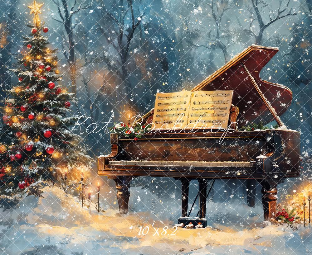 Kate Christmas Tree Piano Snowy Backdrop Designed by Emetselch