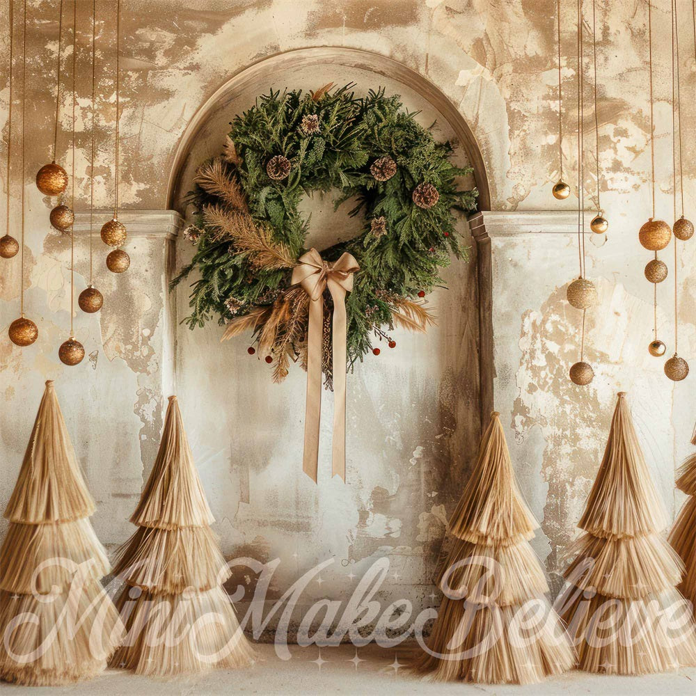 Kate Christmas Wreath Boho Vintage Beige Arched Wall Backdrop Designed by Mini MakeBelieve