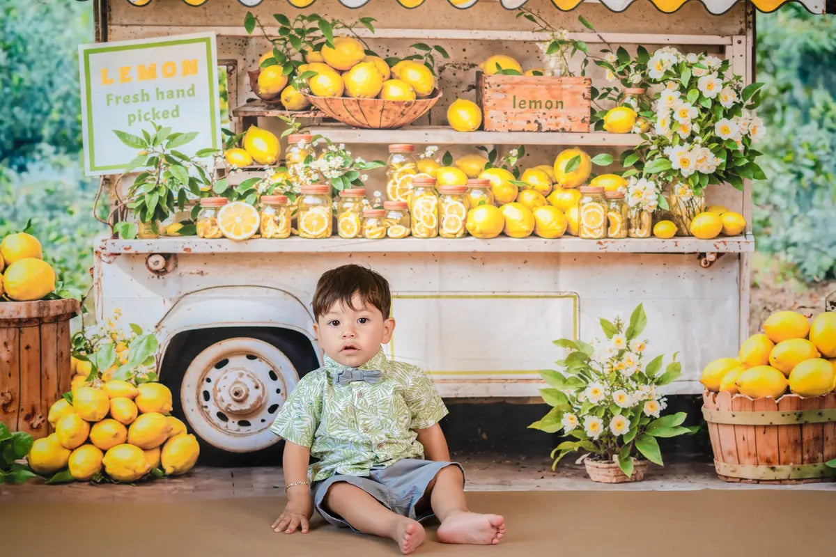 Kate Summer White Flower Yellow Lemon Stand Backdrop Designed by Emetselch