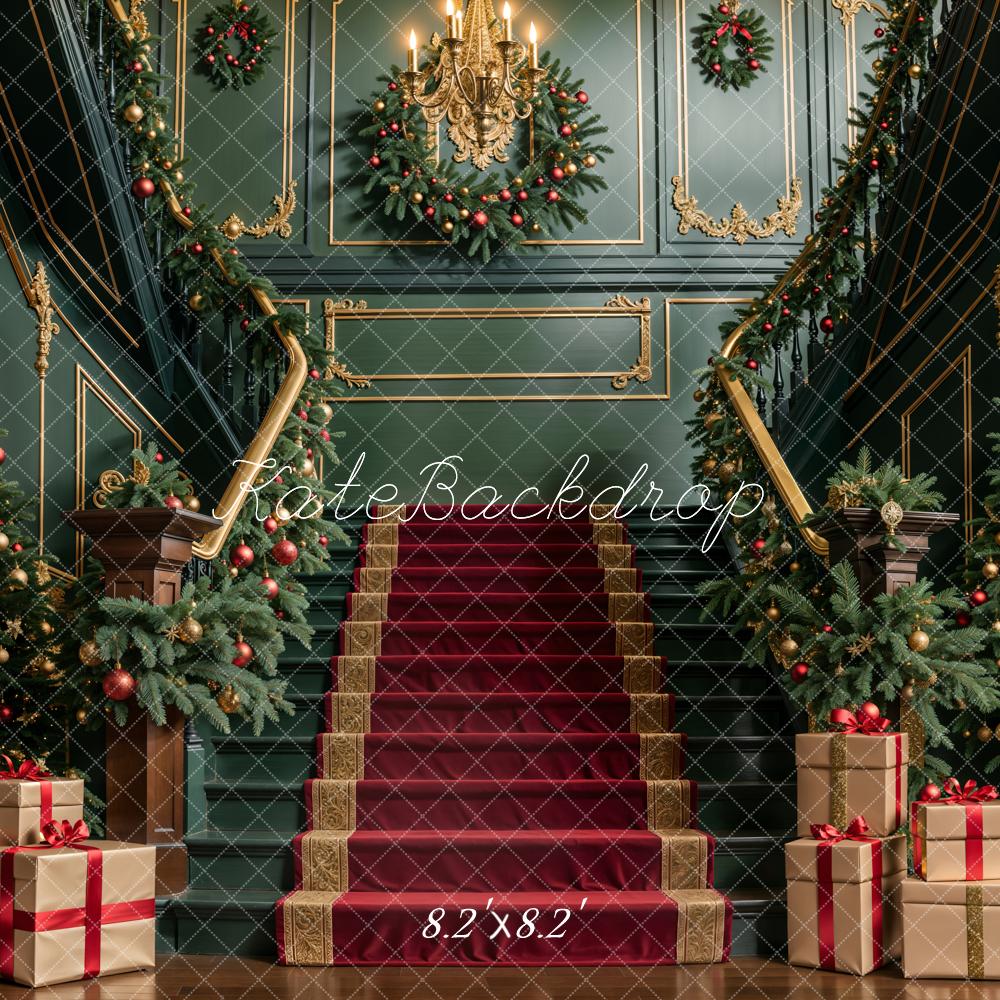 Kate Christmas Indoor Dark Green Retro Staircase Backdrop Designed by Emetselch