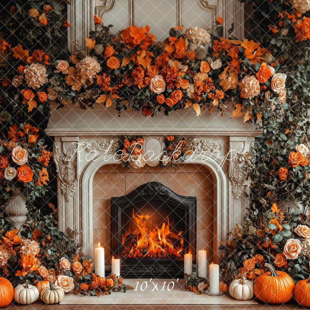 Kate Fall Fireplace Pumpkin Floral Backdrop Designed by Patty Roberts