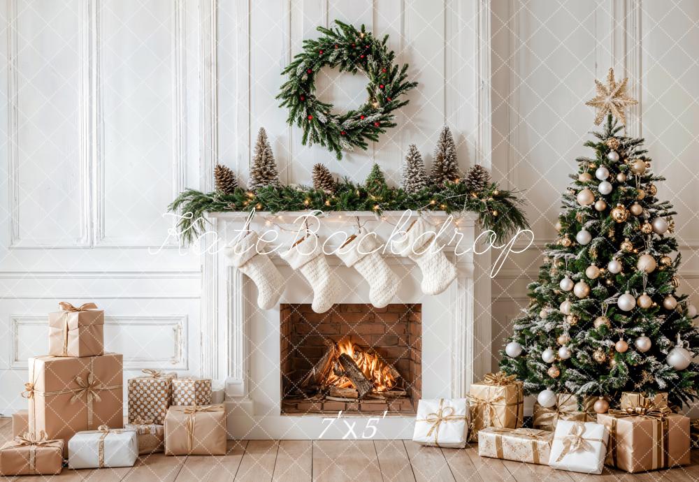 Christmas White Fireplace With Gifts Tree Wreath Backdrop Designed by Emetselch