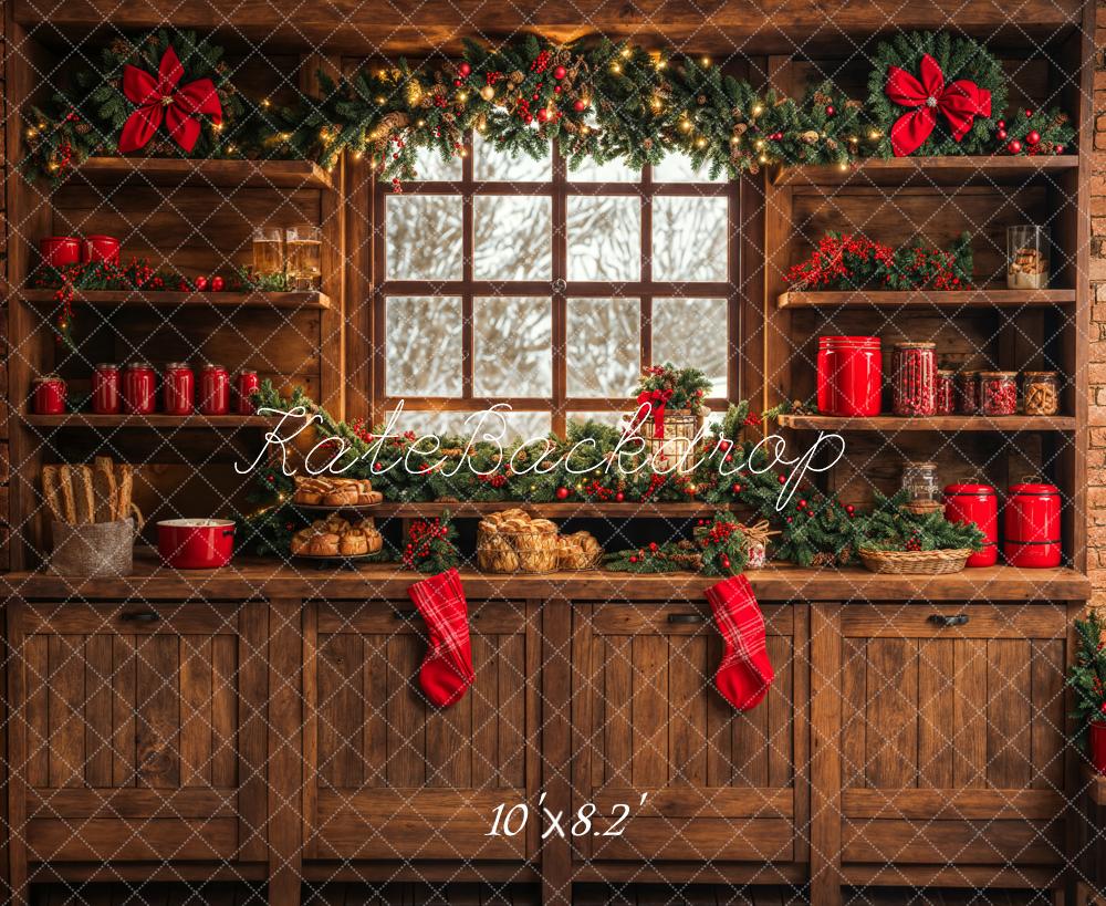 Cocina Navideña de Brown Wooden Cabinets Red Stocking Backdrop Designed by Emetselch