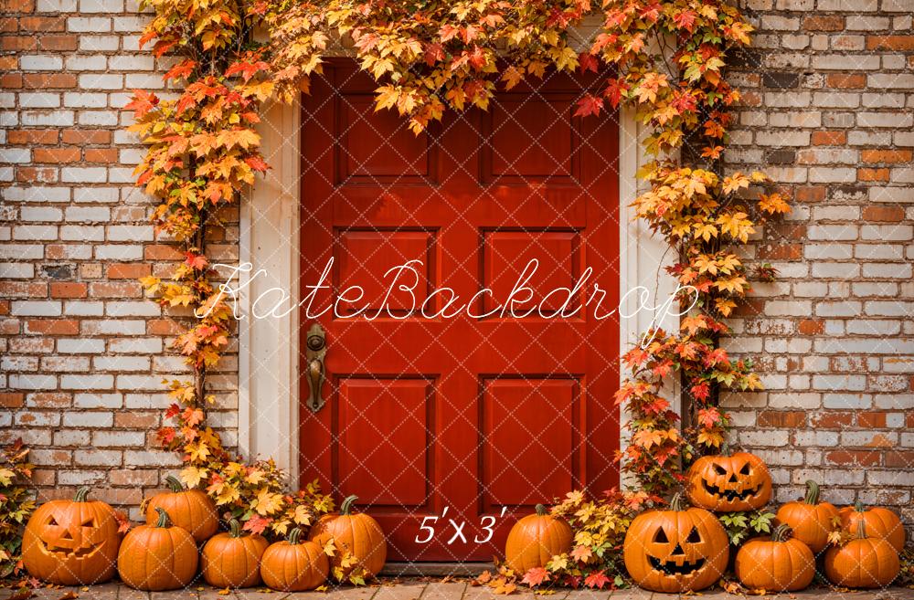 Herfst Halloween Esdoornbladeren Rode Deur Bakstenen Wand Foto Achtergrond, ontworpen door Emetselch