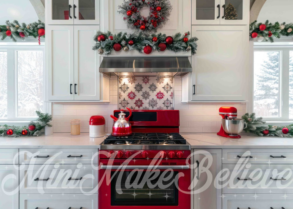 Cocina Moderna Blanca de Navidad con Fondo de Horno Rojo Diseñado por Mini MakeBelieve