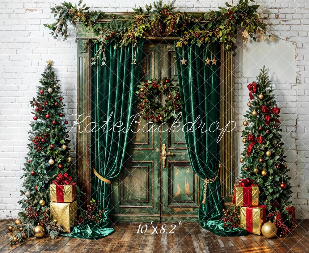 Kate Christmas Tree Green Curtains Vintage Door White Wall Backdrop Designed by Emetselch