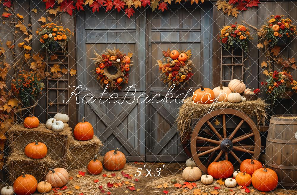 Kate Fall Barn Wood Door Maple Pumpkin Backdrop Designed by Emetselch