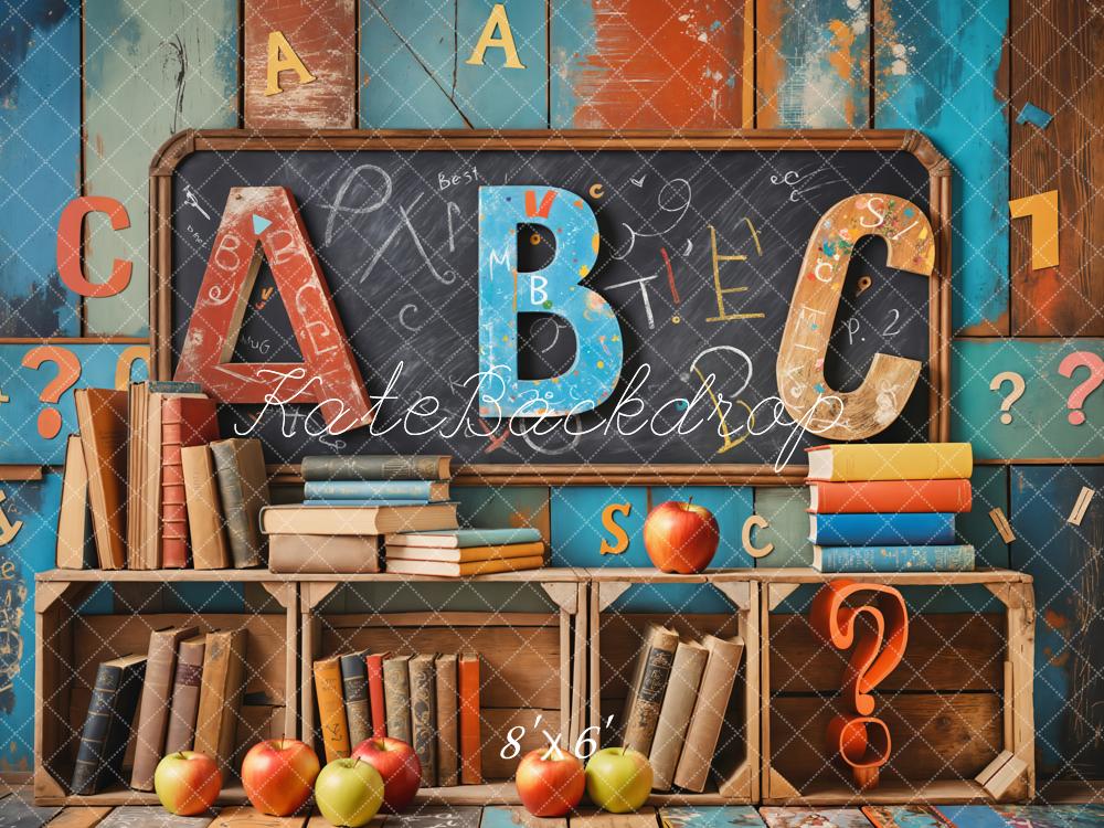 Back to School Book Blackboard Colorful Wooden Wall Backdrop Designed by Emetselch