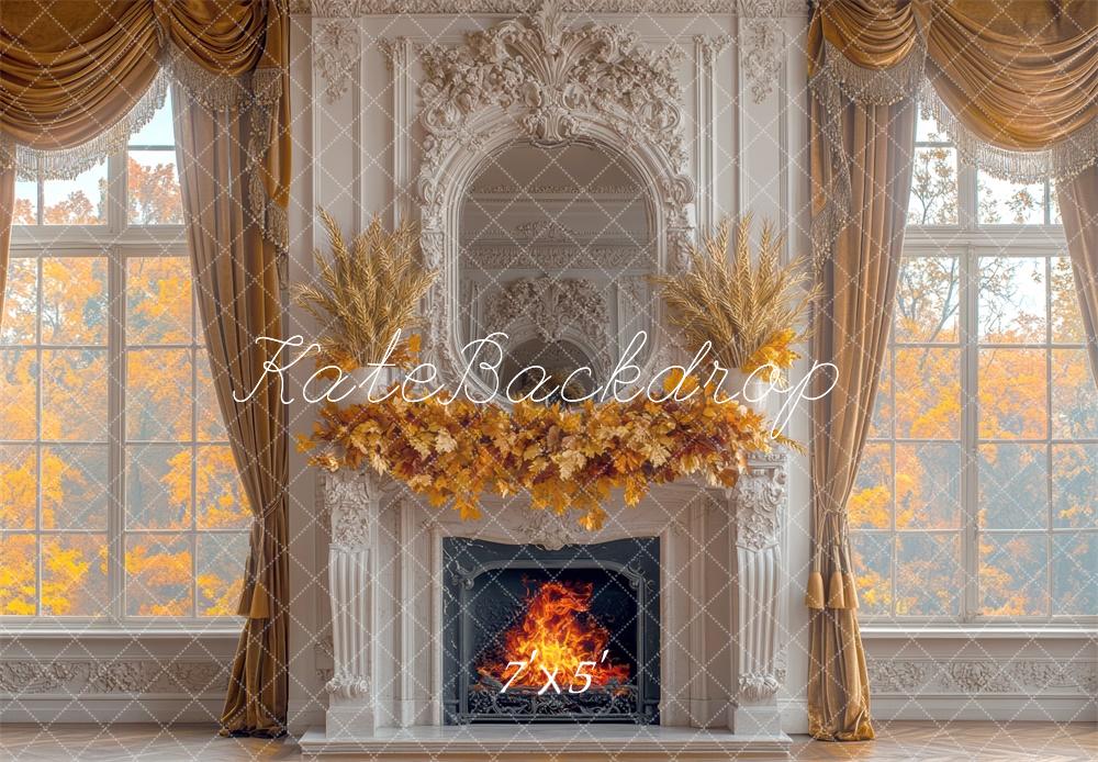 Fall Blanco Chimenea y Ventana Con Elegante Fondo de Pared Diseñado por Mini MakeBelieve