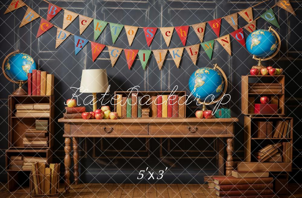 Kate Back to School Globe Books Black Retro Wall Backdrop Designed by Emetselch