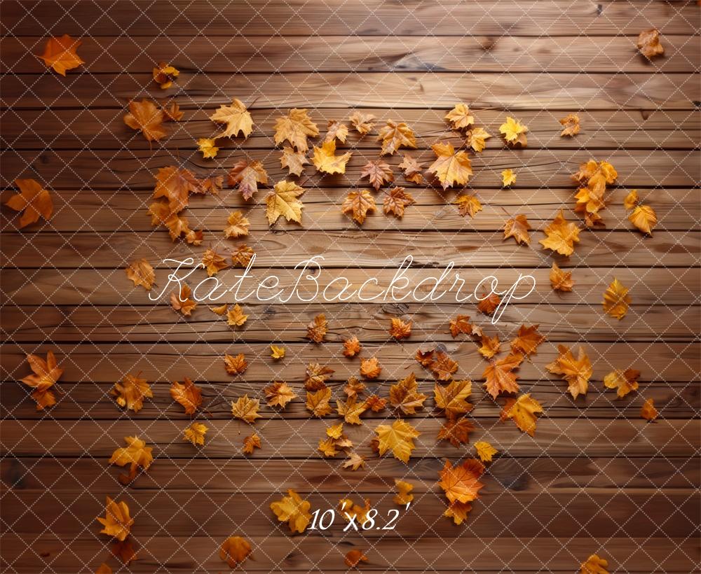 Kate Fall Fallen Leaves Wooden Floor Backdrop Designed by Mini MakeBelieve