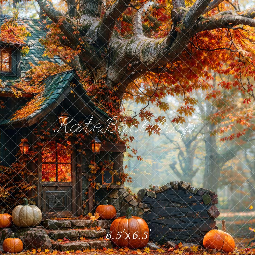 Kate Fall Forest Pumpkin Black Retro Hut Backdrop Designed by Emetselch