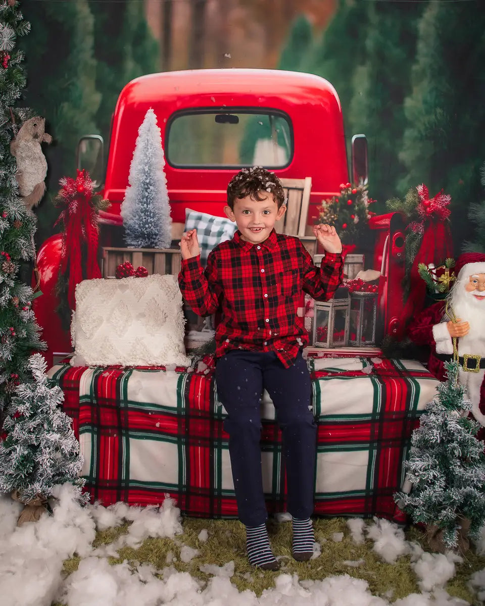 Fondo para fotografía de camioneta roja de Navidad al aire libre