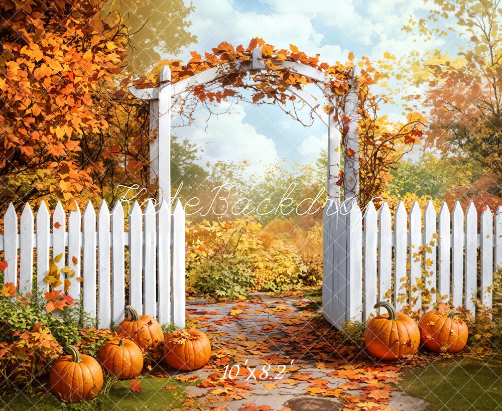 Fall Garden Arch Fence Pumpkin Foto Achtergrond Designed by Emetselch