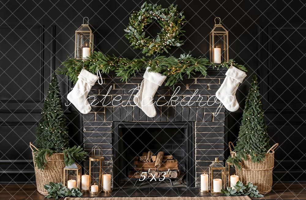 Kate Christmas White Sock Black Brick Fireplace Backdrop Designed by Emetselch