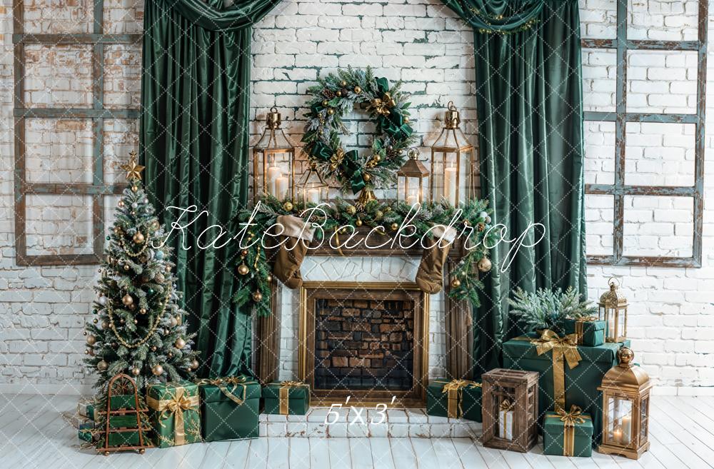 Kate Christmas Green Curtains Fireplace White Walls Backdrop Designed by Emetselch