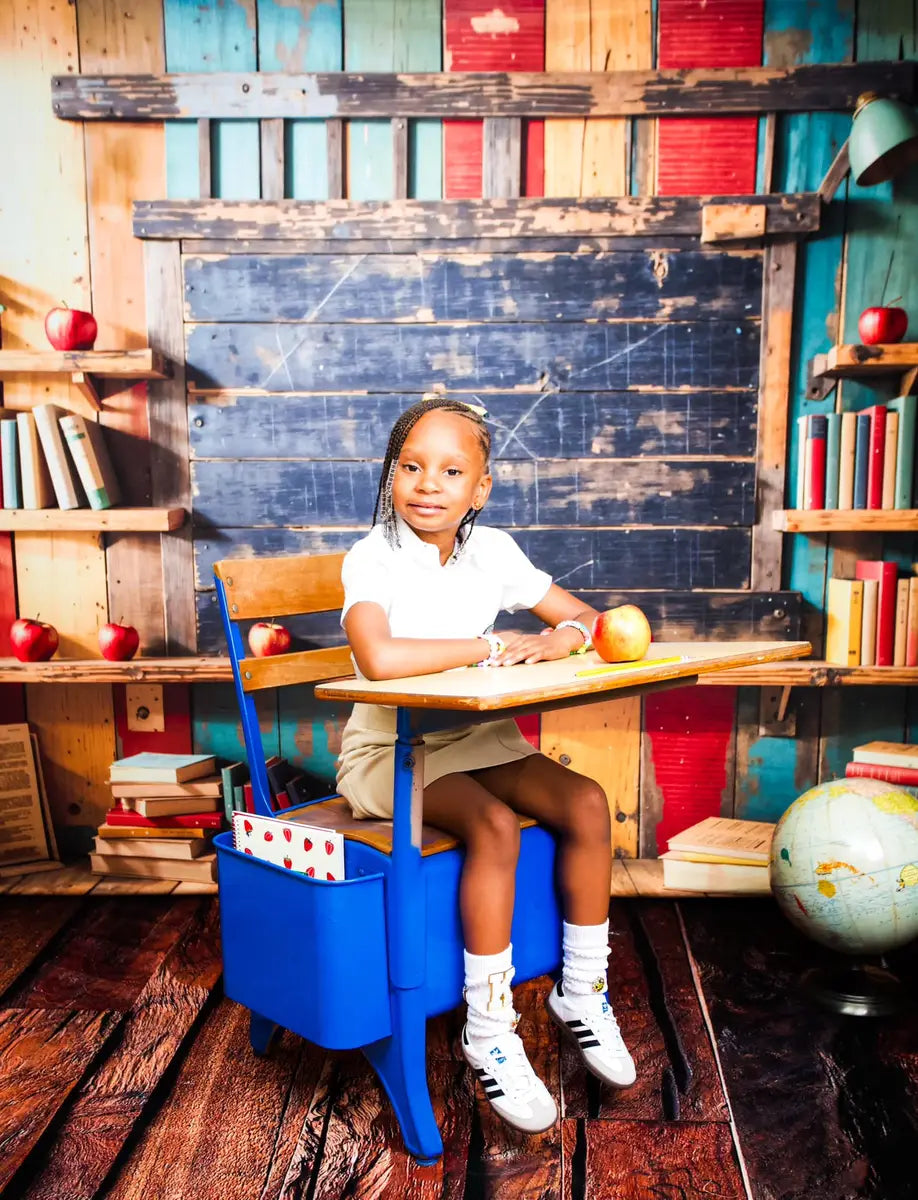 Kate Back to School Bookshelf Dark Brown Wooden Blackboard Backdrop Designed by Emetselch