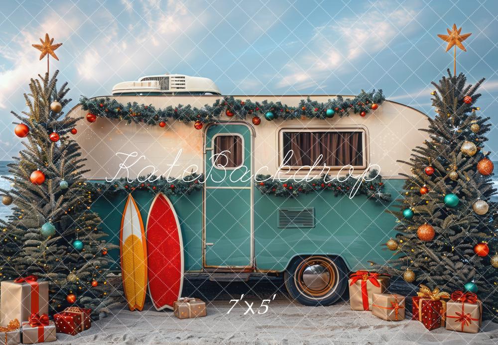 Kerst RV Camper Strand Foto Achtergrond Designed by Mini MakeBelieve