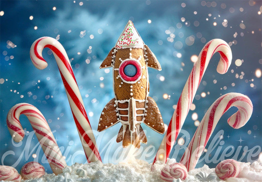 Kate Christmas Red Candy Brown Gingerbread Rocket Backdrop Designed by Mini MakeBelieve