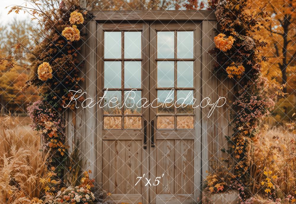 Fondo de puerta de madera vintage de flores de otoño diseñado por Emetselch