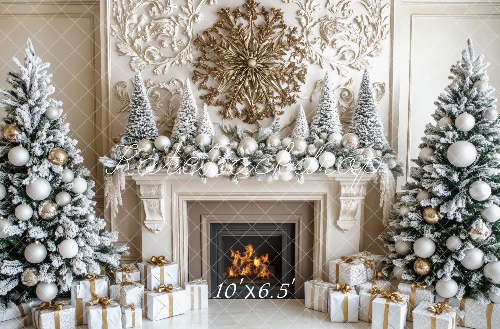 Kate Christmas Tree Elegant Snowy Fireplace Backdrop Designed by Patty Roberts