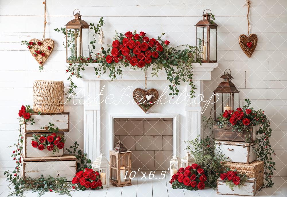 Kate Valentine Roses Fireplace Lantern Rustic Backdrop Designed by Emetselch