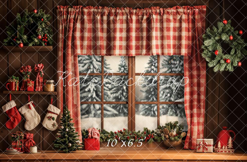 Kate Christmas Red Plaid Curtains Window Backdrop Designed by Emetselch