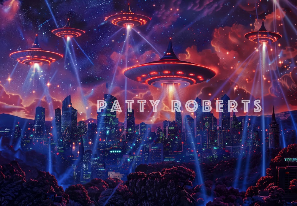 Sfondo dell'invasione della città UFO a stelle viola scure progettato da Patty Robert