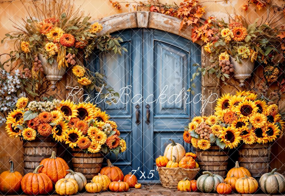 Kate Boho Sunflower Pumpkin Blue Wooden Arch Door Beige Wall Backdrop Designed by Emetselch