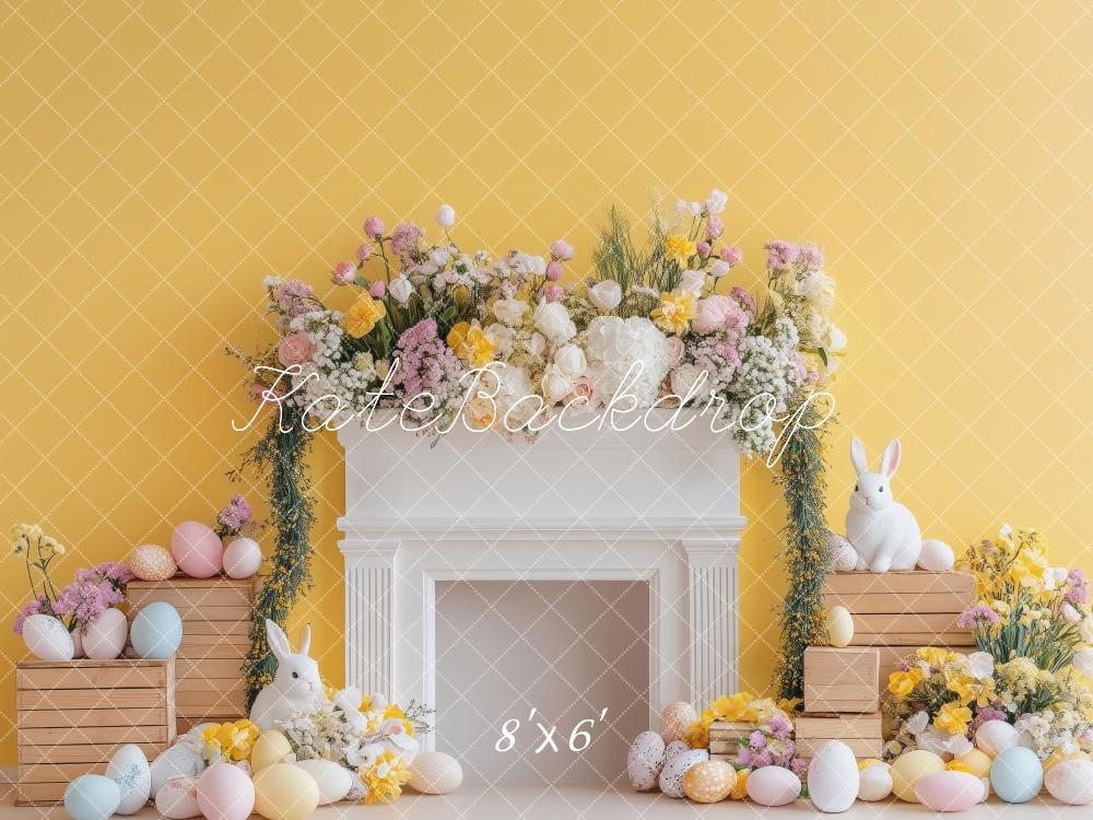 Kate Easter Bunny Floral Fireplace Yellow Backdrop Designed by Patty Roberts