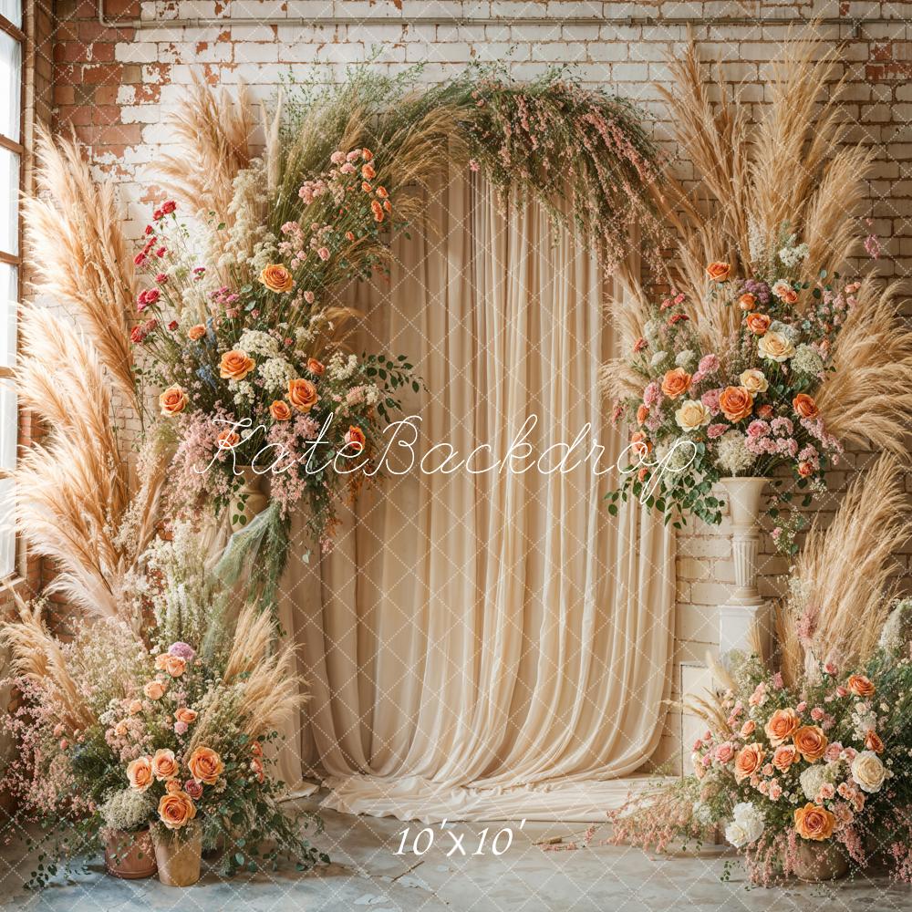 Kate Boho Flower Arch Window Beige Backdrop Designed by Emetselch