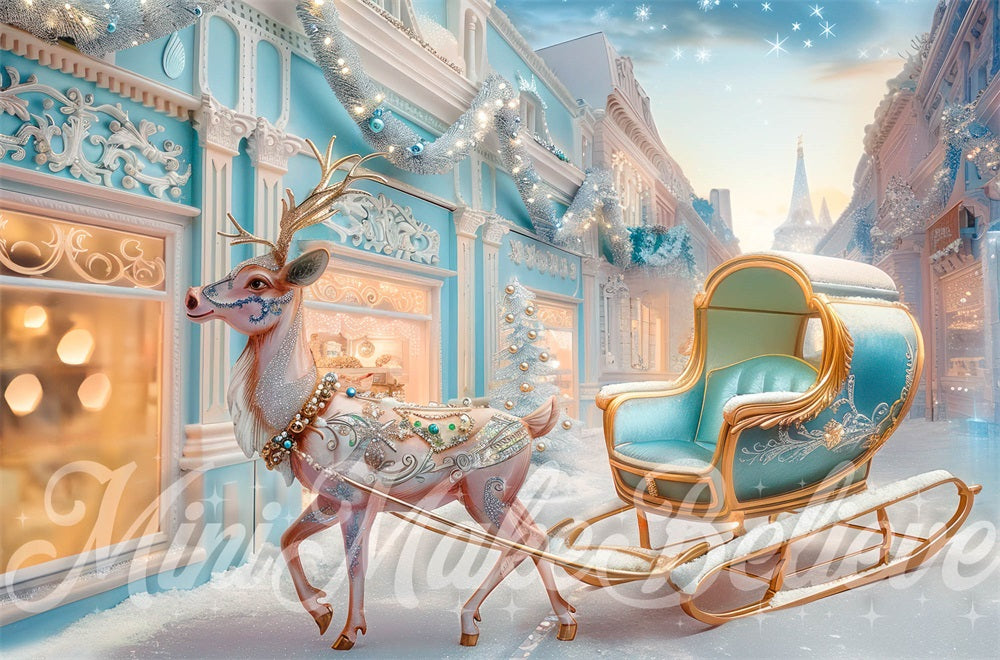 Kate Christmas Fantasy Heaven Reindeer Sleigh Retro Store Backdrop Designed by Mini MakeBelieve