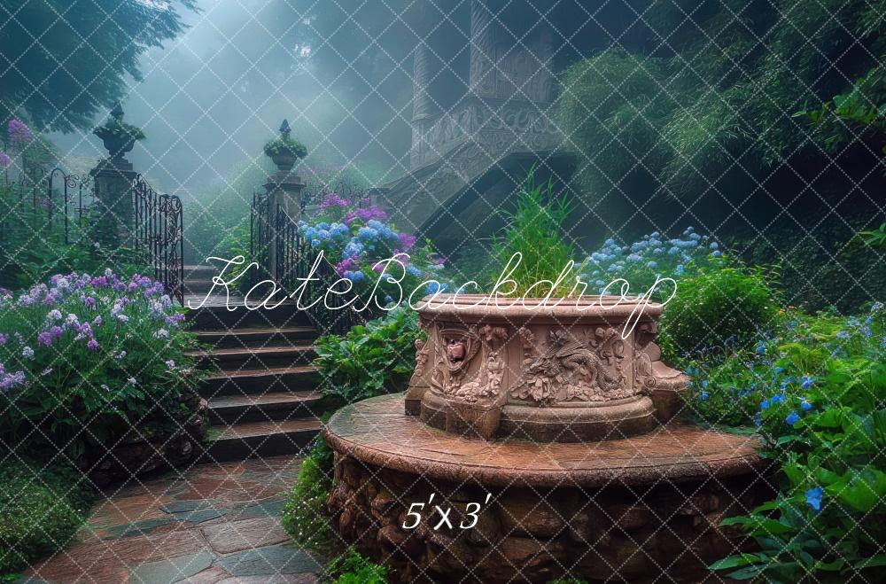 Kate Enchanted Garden Fountain Stairs Backdrop Designed by Mini MakeBelieve