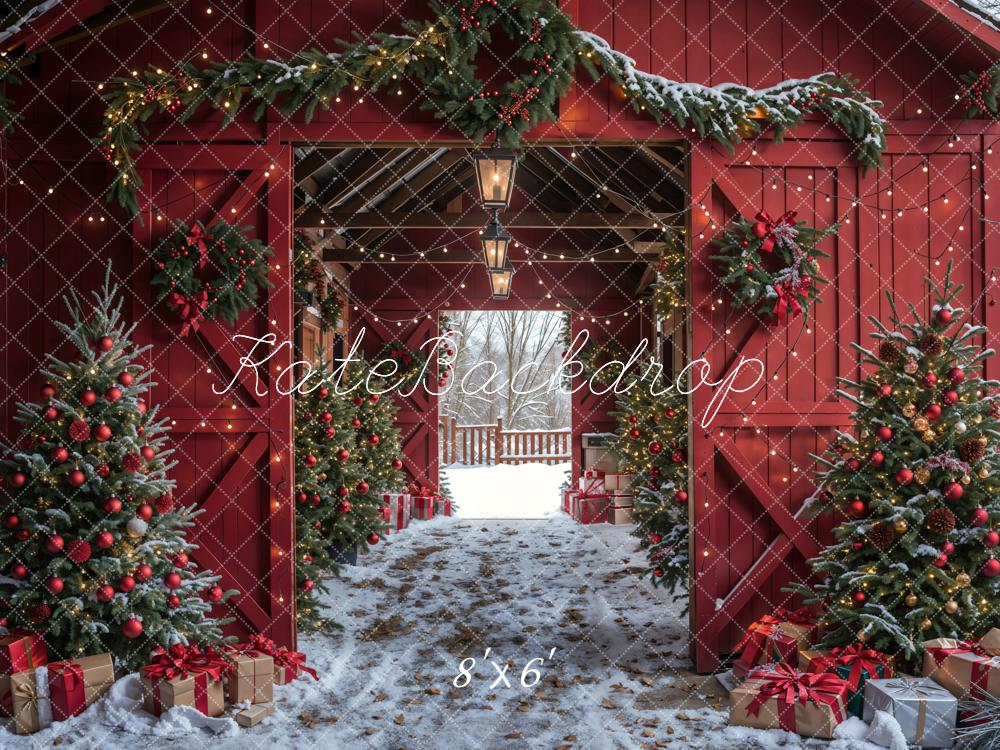 Kate Christmas Red Barn Snow White Backdrop Designed by Emetselch