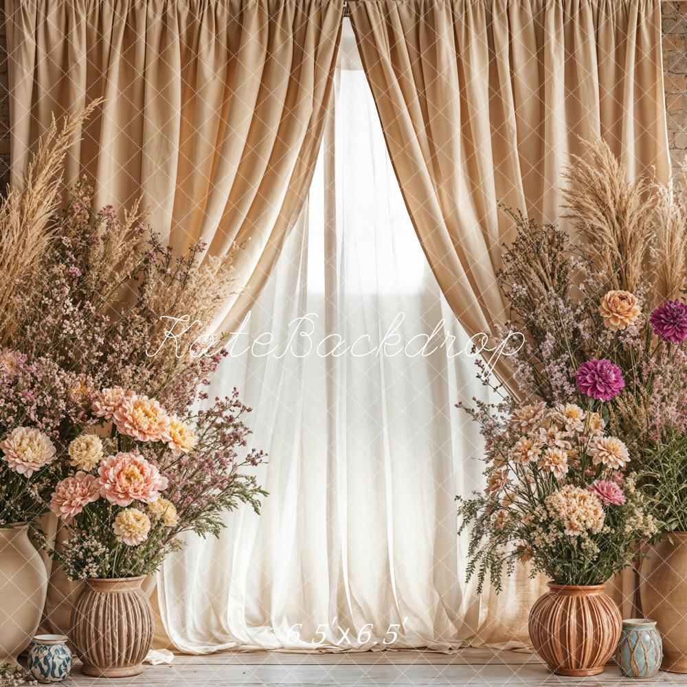 Kate Boho Floral Beige Curtain Vase Backdrop Designed by Emetselch