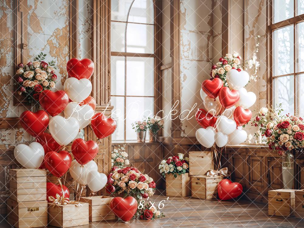 Kate Valentine Heart Balloons Wooden Vintage Backdrop Designed by Emetselch