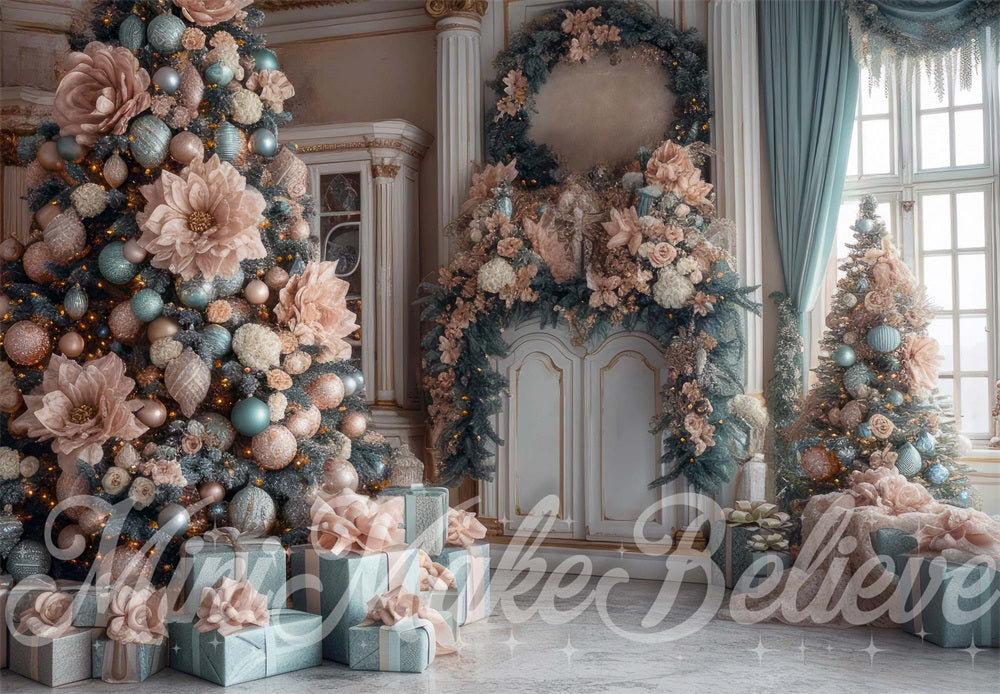 Kate Christmas Pink Flower Vintage White Arched Door Backdrop Designed by Mini MakeBelieve